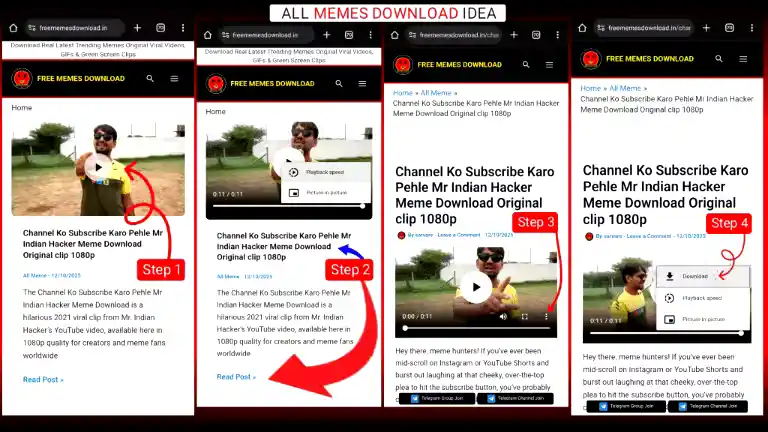 Step by step meme download guide image showing viral, funny, cringe and laughing memes in HD quality