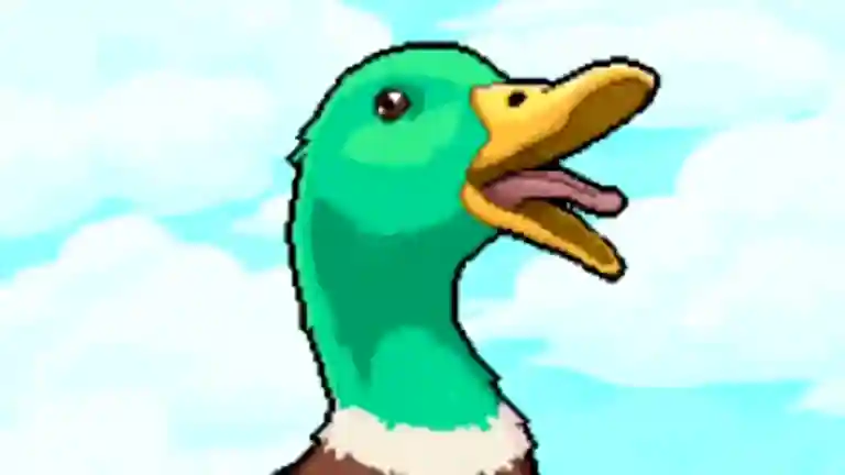 Green duck facing forward with beak open, bright blue sky background, still from Duck Quack Meme