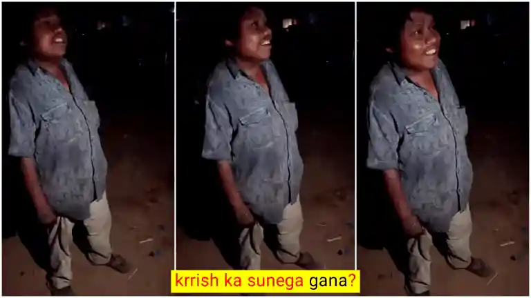 Pintu sitting outdoors, singing a Krishna bhajan with a soft smile, the scene that sparked a viral wave