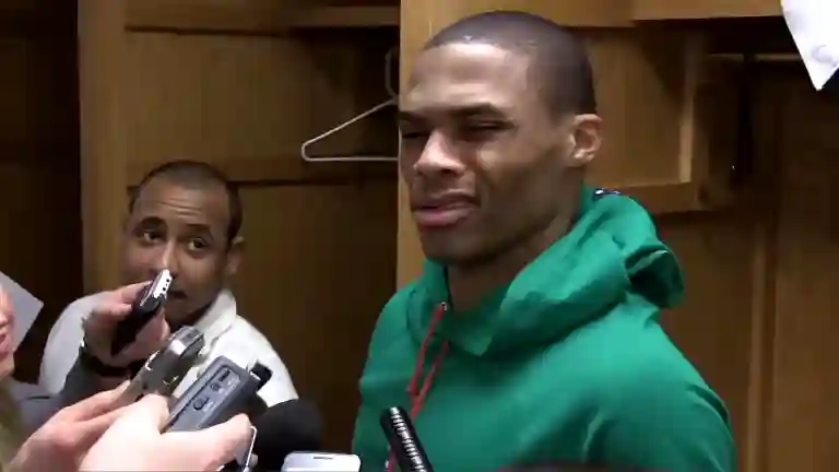 Russell Westbrook squinting and saying What during NBA post-game press conference